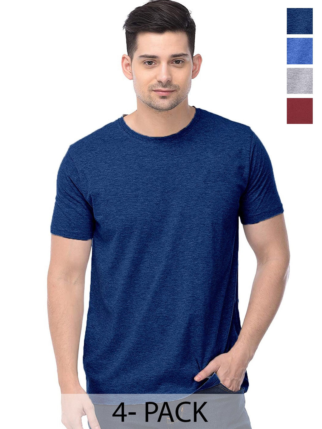 

COLOR CAPITAL Unisex Pack Of 4 Round Neck Cotton T-shirts, Navy blue