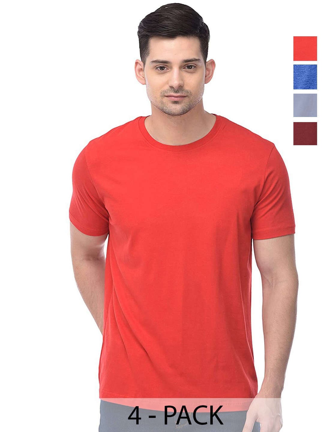 

COLOR CAPITAL Unisex Pack Of 4 Round Neck Cotton T-shirt, Red