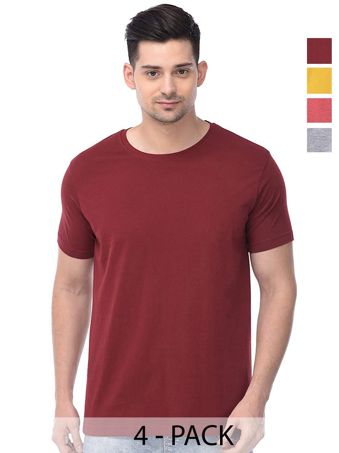 

COLOR CAPITAL Unisex Pack Of 4 Round Neck Casual Cotton T-shirts, Maroon