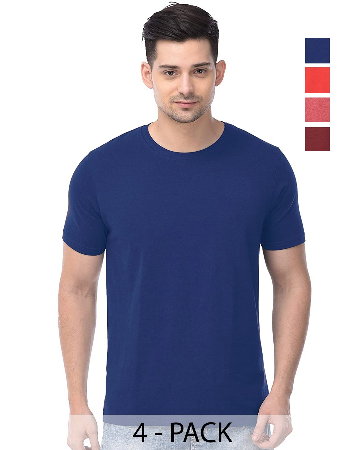 COLOR CAPITAL Unisex Pack Of 4 Round Neck Casual Cotton T-shirts, Blue
