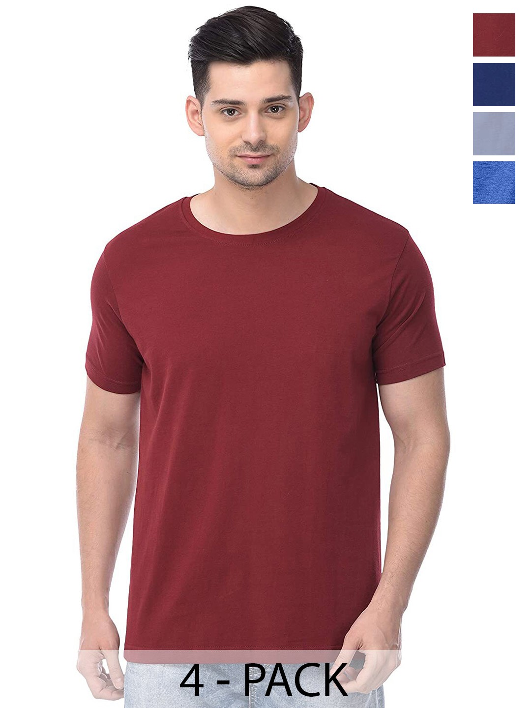 

COLOR CAPITAL Unisex Pack Of 4 Round Neck Cotton T-shirt, Maroon
