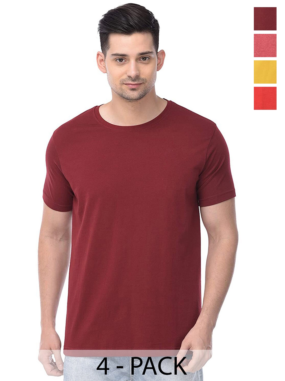 

COLOR CAPITAL Unisex Pack Of 4 Round Neck Short Sleeves Cotton T-shirts, Red