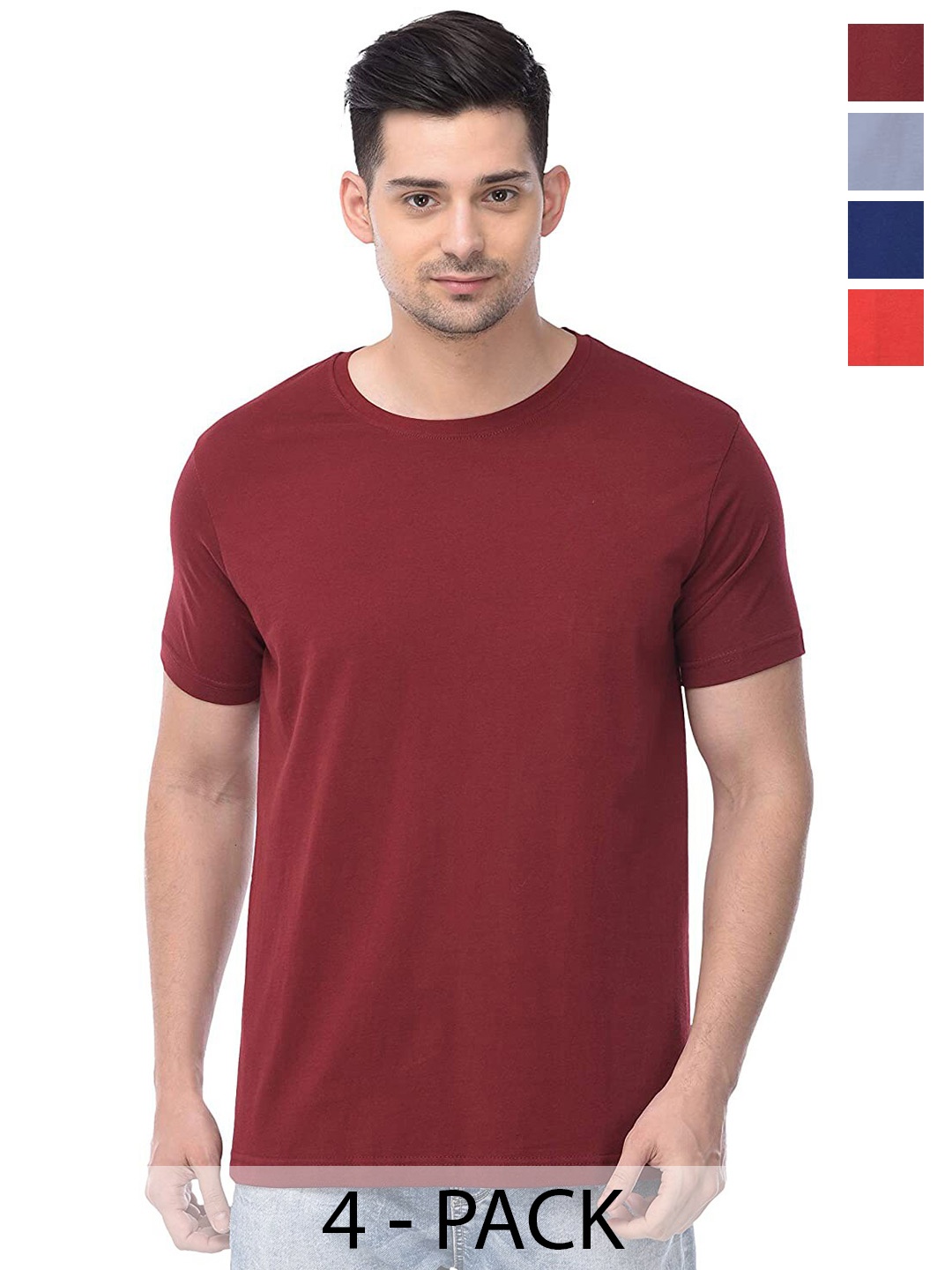 

COLOR CAPITAL Pack of 4 Round Neck Cotton T-Shirts, Maroon
