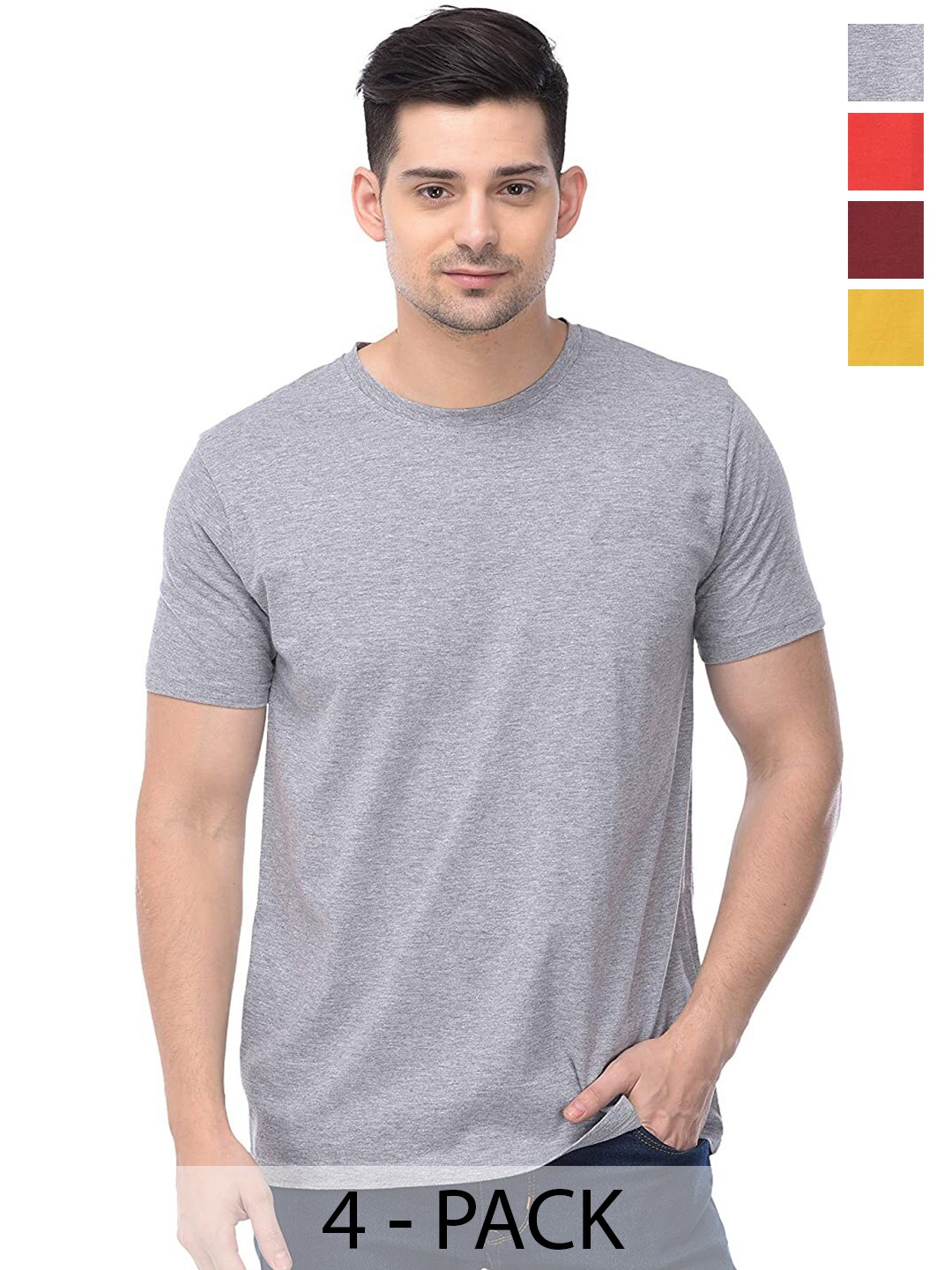 

COLOR CAPITAL Unisex Pack Of 4 Round Neck Cotton Casual T-shirt, Grey