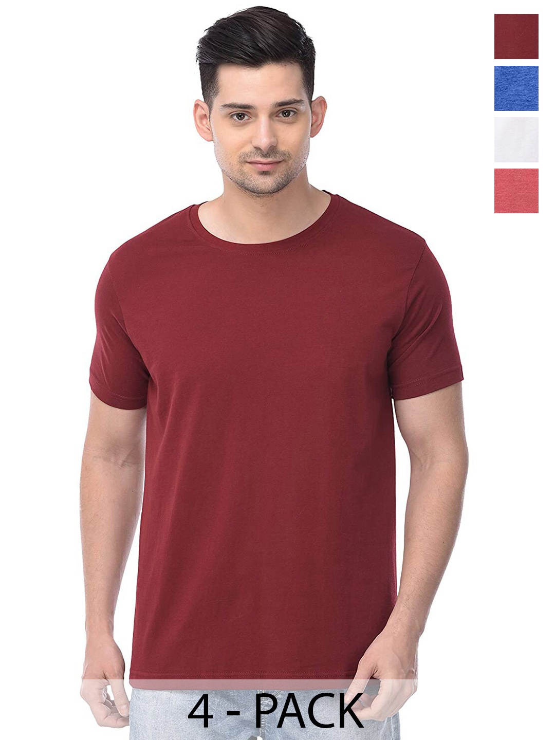 COLOR CAPITAL Unisex Pack Of 4 Round Neck Casual Cotton T-shirts, Maroon