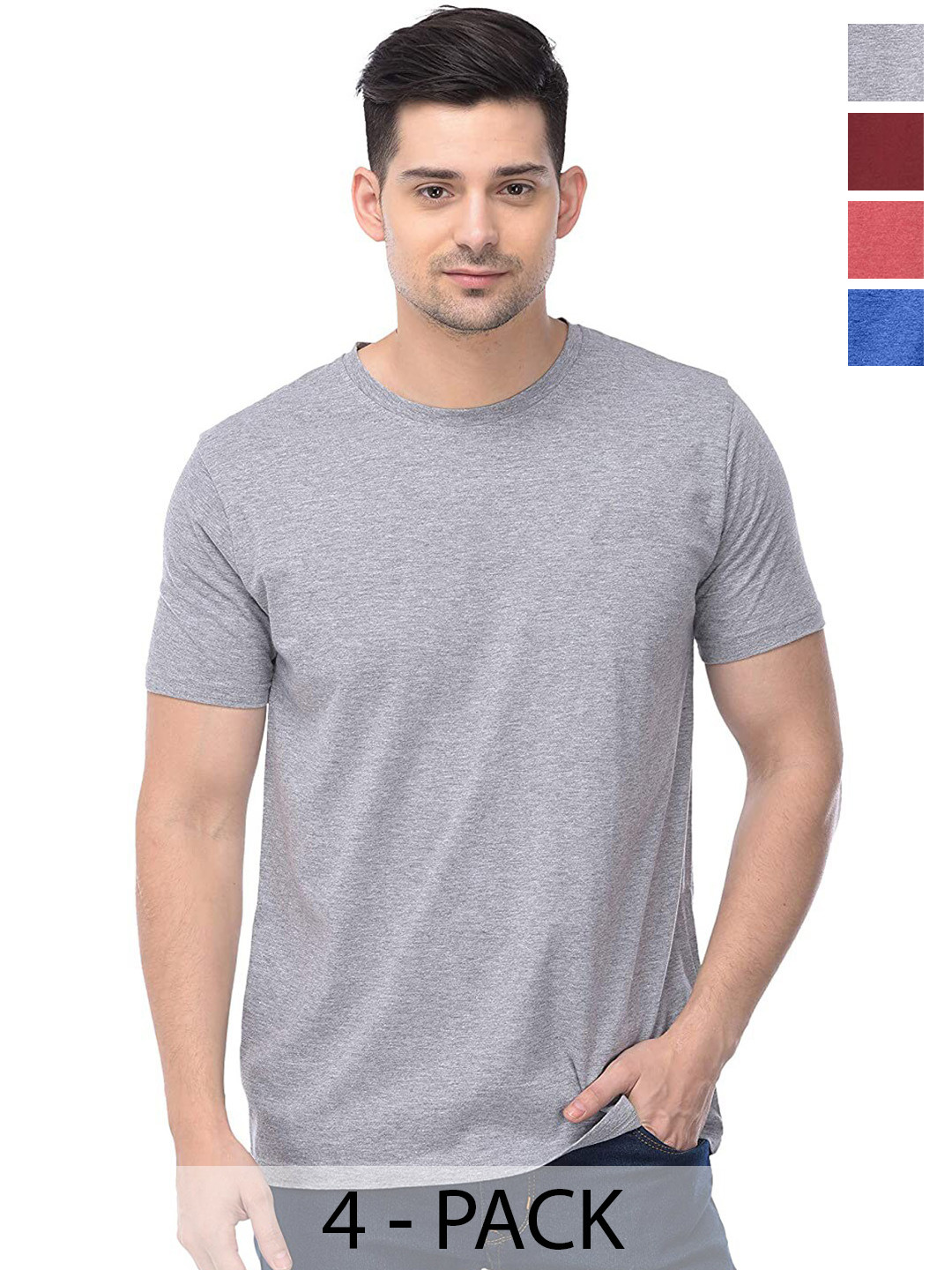 

COLOR CAPITAL Pack of 4 Round Neck Cotton T-Shirts, Grey