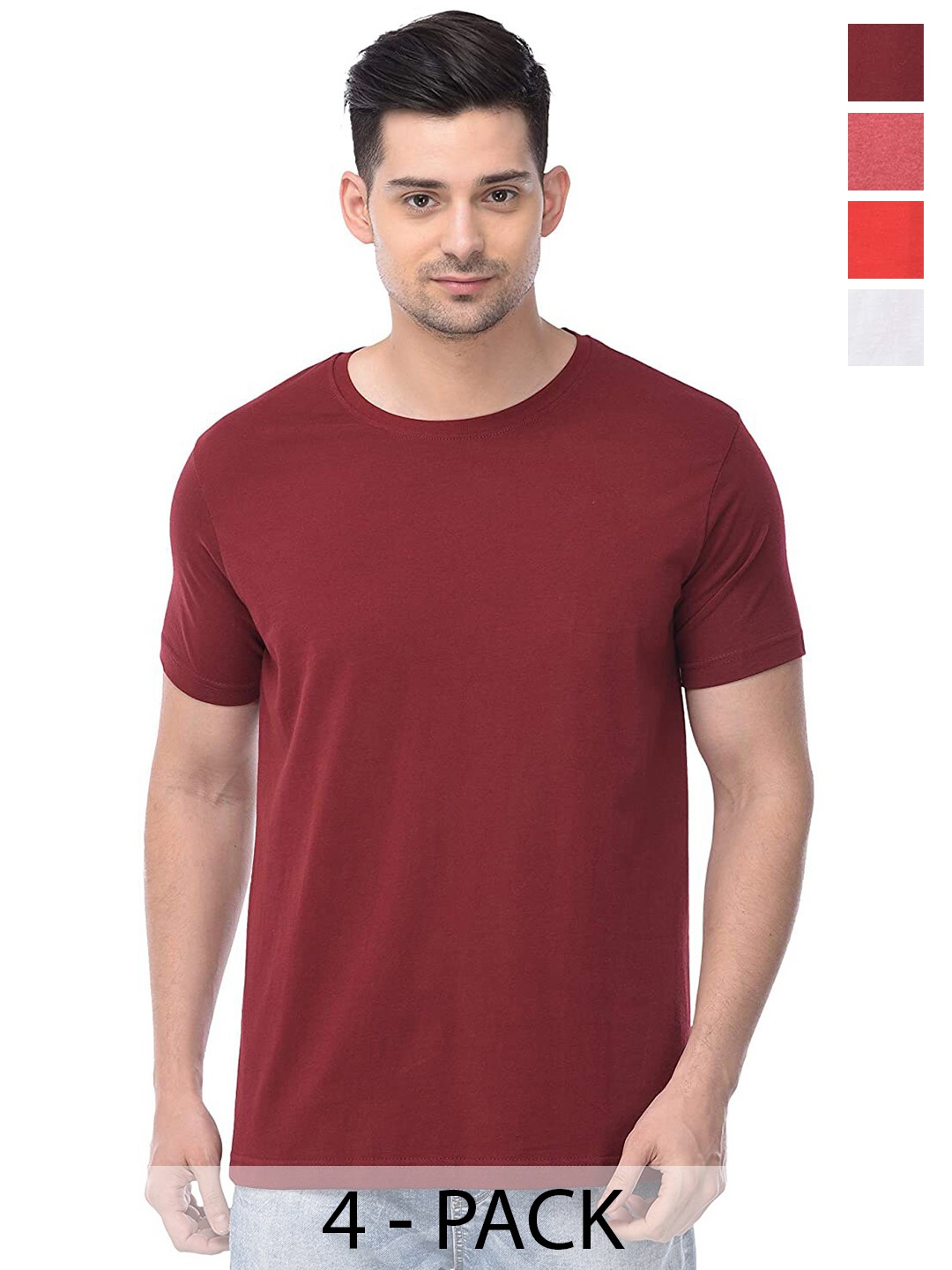 

COLOR CAPITAL Unisex Pack Of 4 Round Neck Cotton T-shirt, Maroon