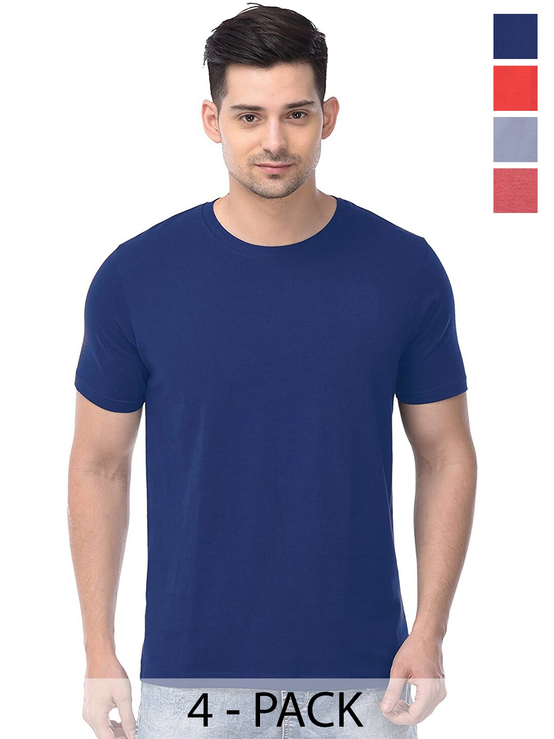 COLOR CAPITAL Pack of 4 Cotton Round Neck T-shirts, Blue