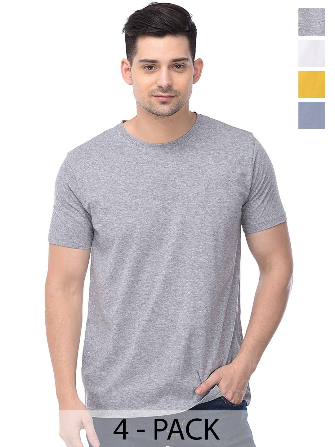 

COLOR CAPITAL Unisex Pack Of 4 Round Neck Short Sleeves Cotton T-shirts, Grey melange