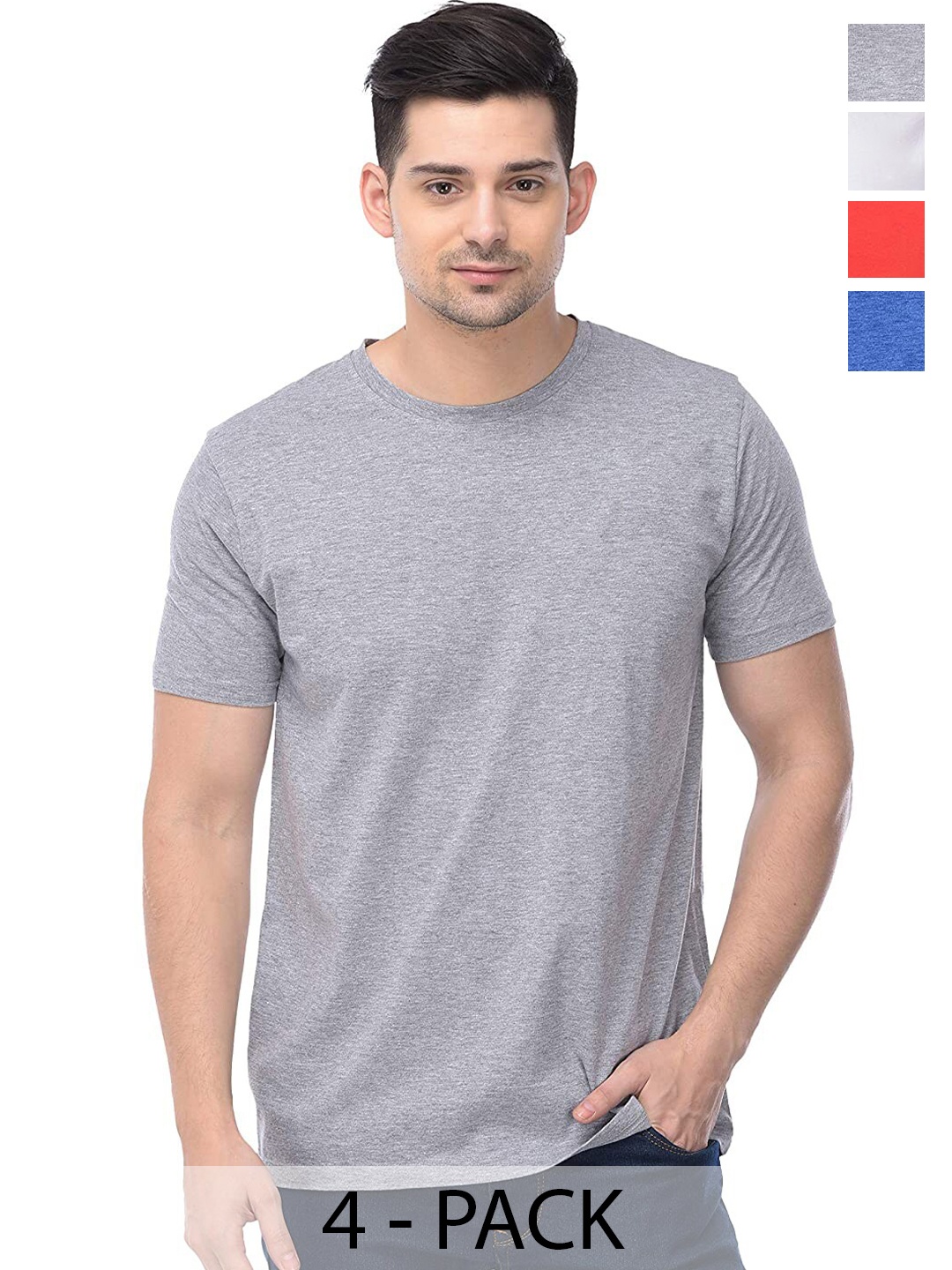 

COLOR CAPITAL Unisex Pack Of 4 Round Neck Short Sleeves Cotton T-shirt, Grey