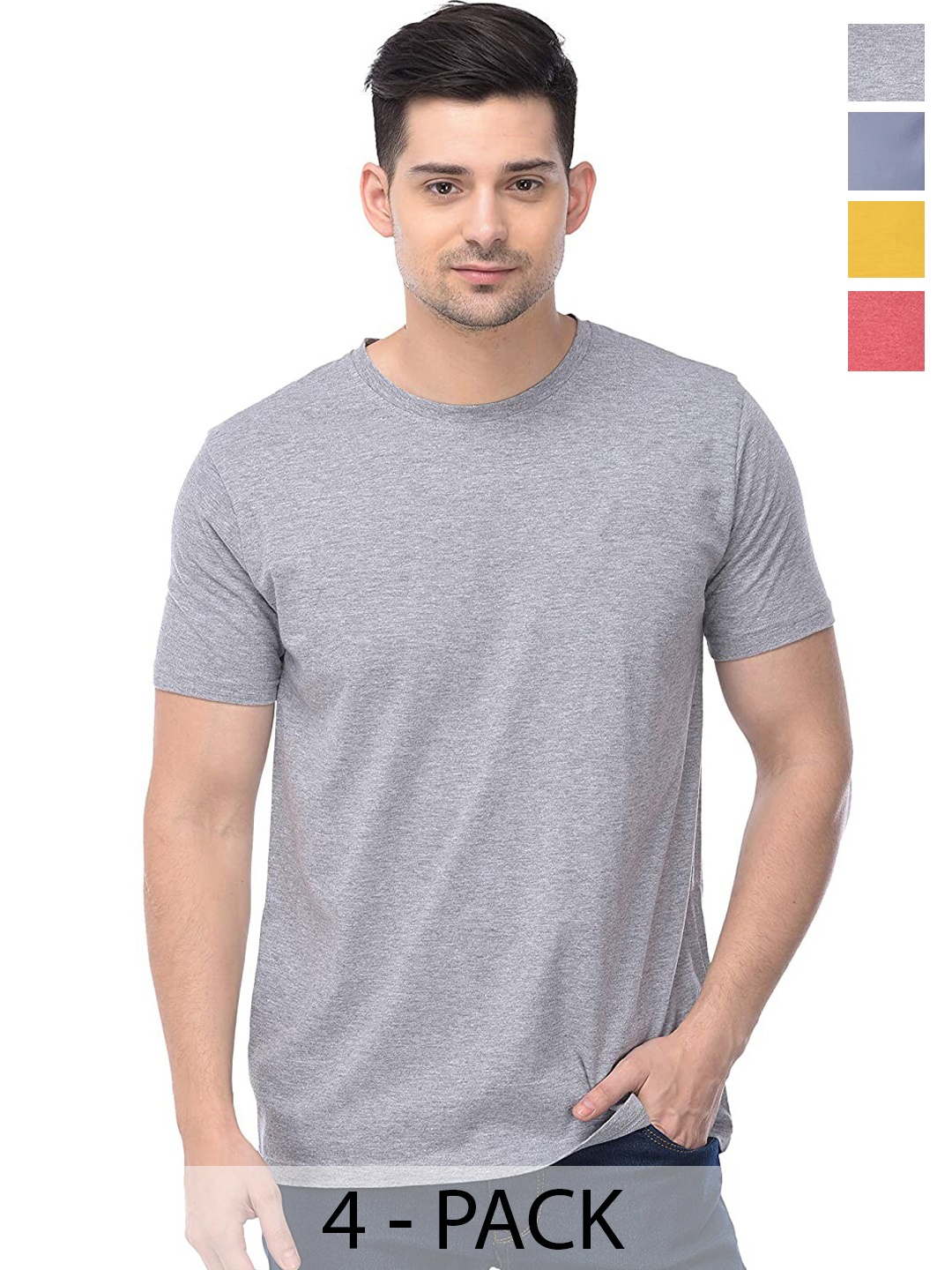 

COLOR CAPITAL Unisex Pack Of 4 Round Neck Casual Cotton T-shirts, Grey