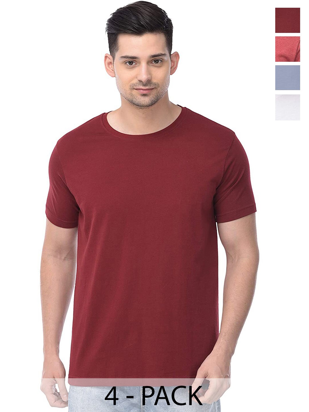 

COLOR CAPITAL Unisex Pack Of 4 Round Neck Casual Cotton T-shirts, Maroon