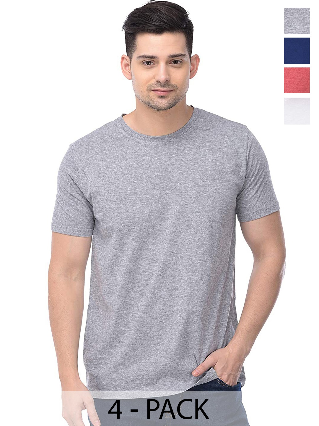 

COLOR CAPITAL Unisex Pack Of 4 Round Neck Short Sleeves Cotton T-shirt, Grey