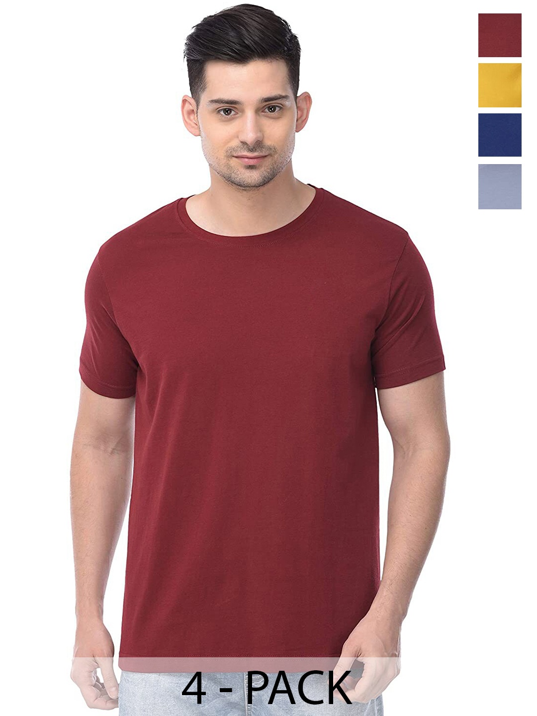 COLOR CAPITAL Pack of 4 Round Neck Cotton T-Shirts, Maroon