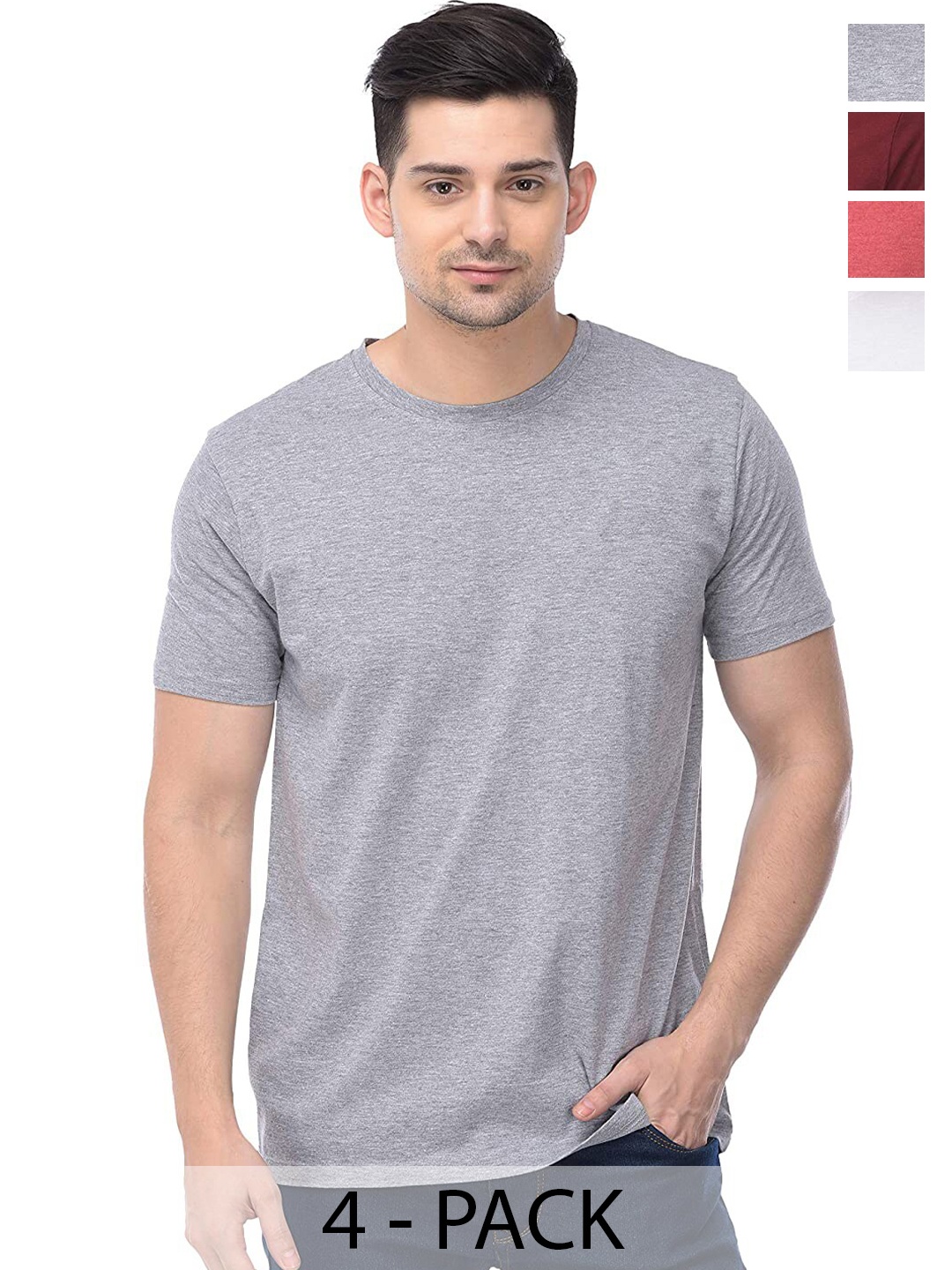 COLOR CAPITAL Unisex Pack Of 4 Round Neck Short Sleeves Cotton T-shirt, Grey