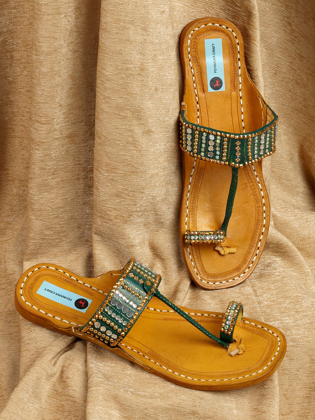 

PehnawaCraft Ethnic Embellished Leather One Toe Flats, Green