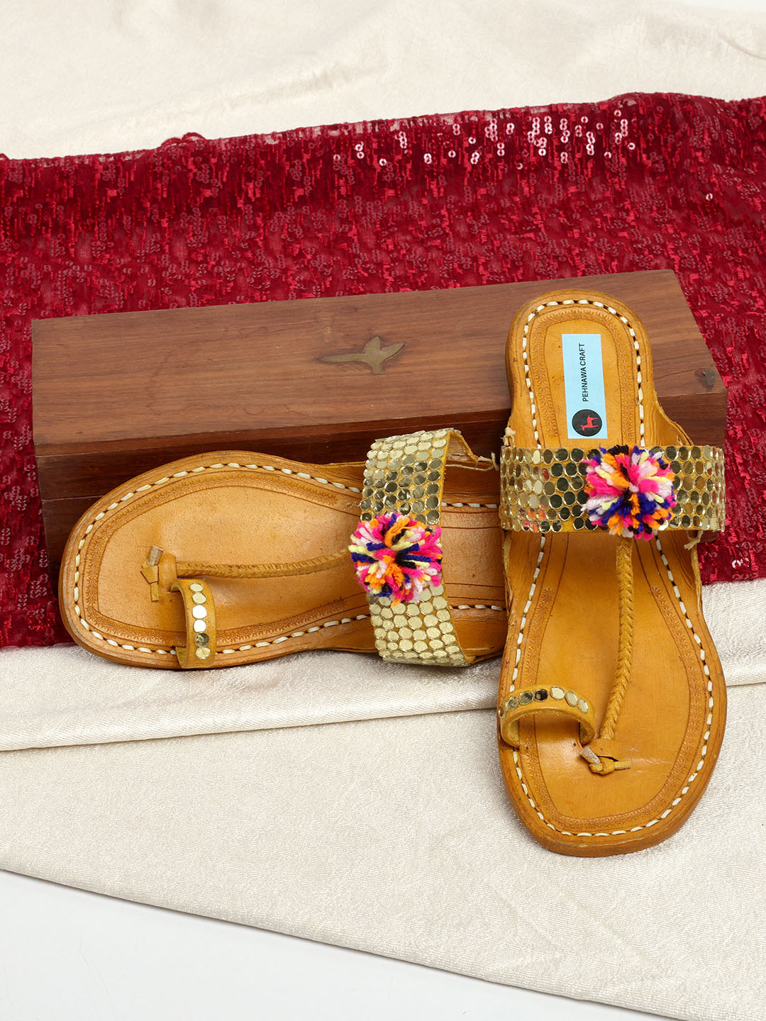 

PehnawaCraft Ethnic Embellished Leather One Toe Flats, Gold