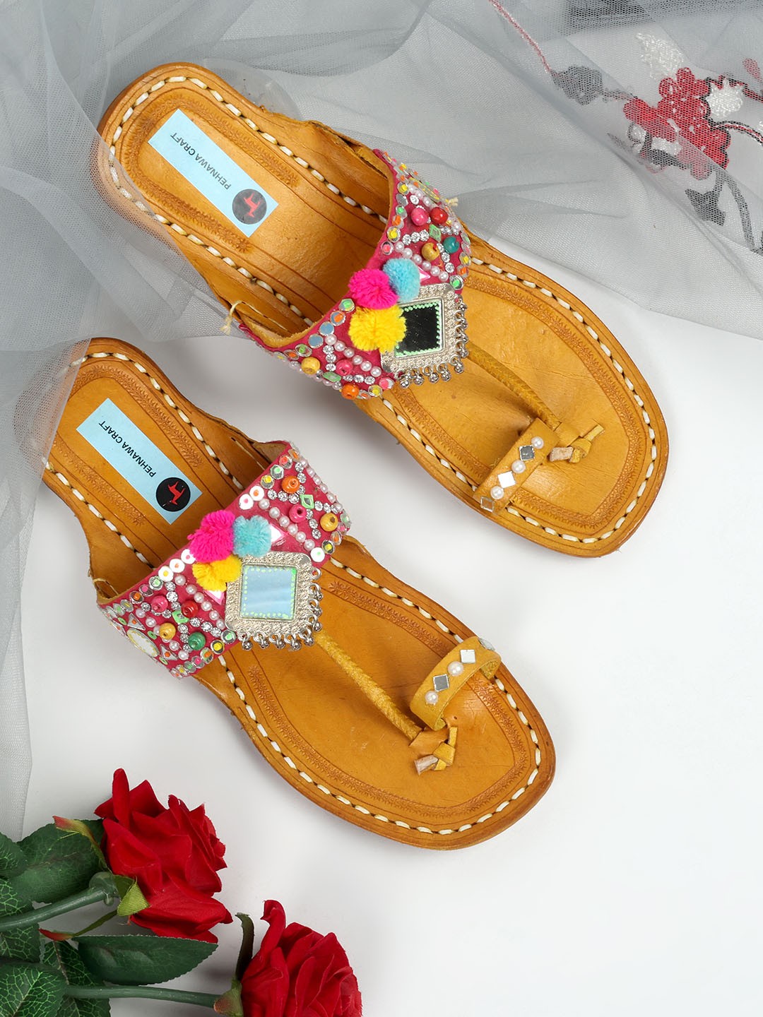 

PehnawaCraft Ethnic Embellished Leather One Toe Flats, Pink