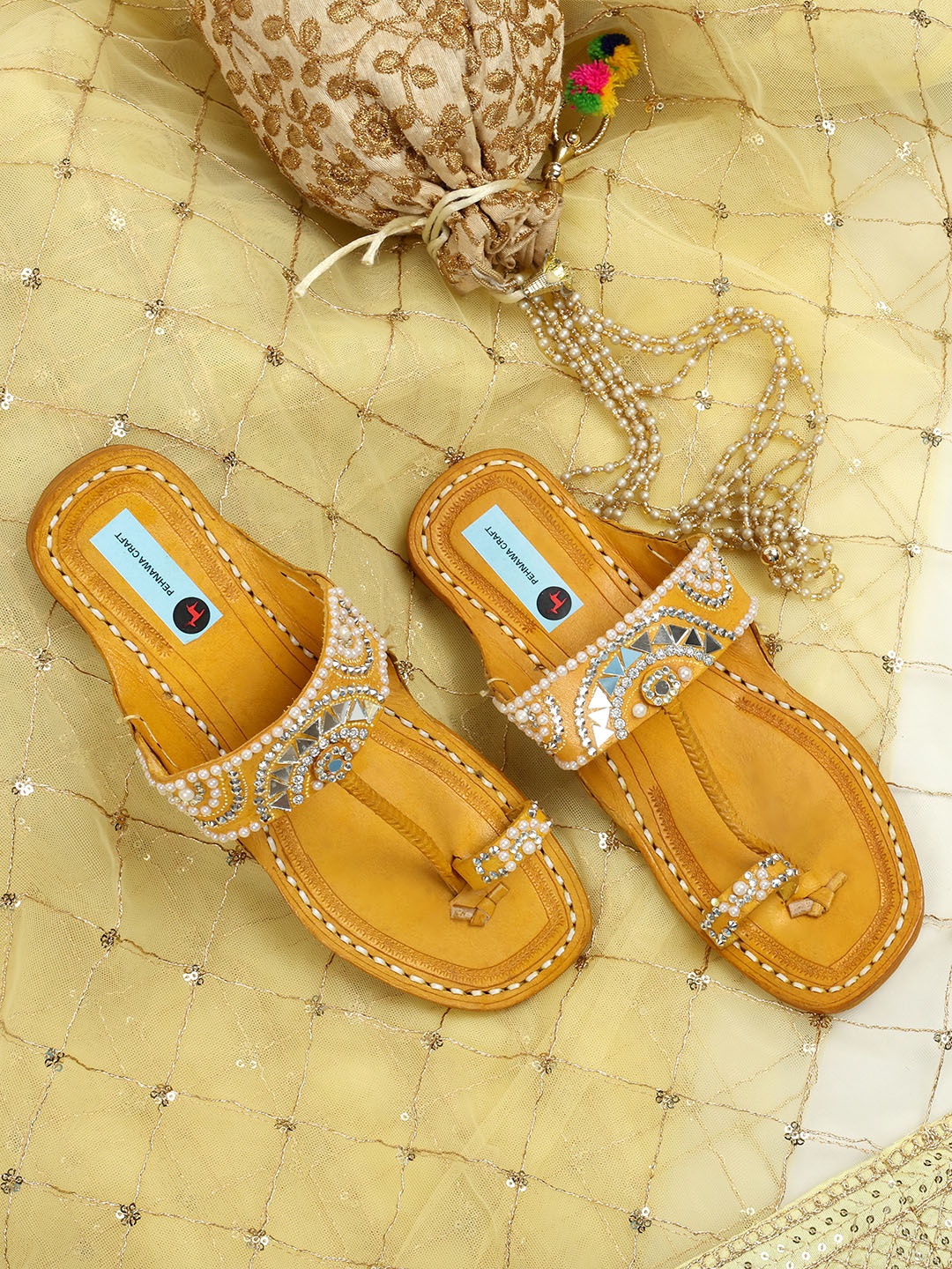 

PehnawaCraft Ethnic Embellished Leather One Toe Flats, Yellow
