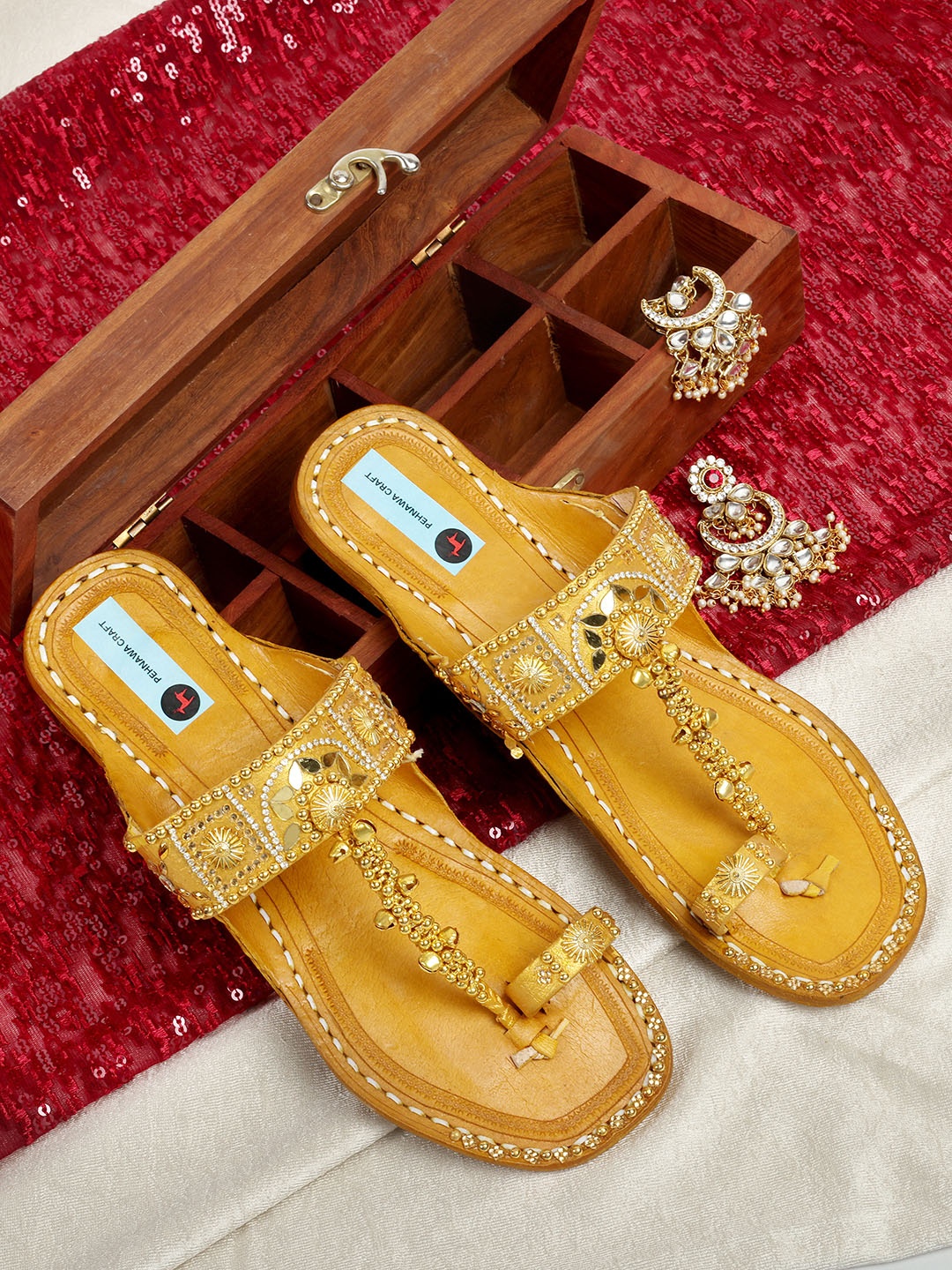 

PehnawaCraft Ethnic Embellished Leather One Toe Flats, Gold