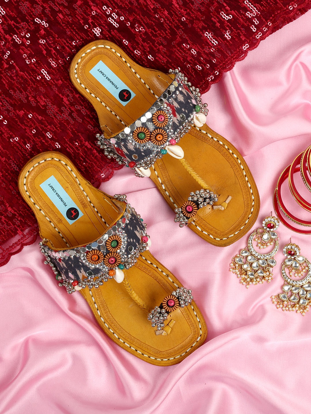 

PehnawaCraft Ethnic Embellished Ikkat Leather One Toe Flats, Grey
