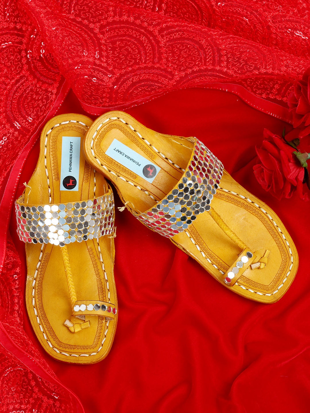 

PehnawaCraft Ethnic Embellished Mirror Leather One Toe Flats, Silver