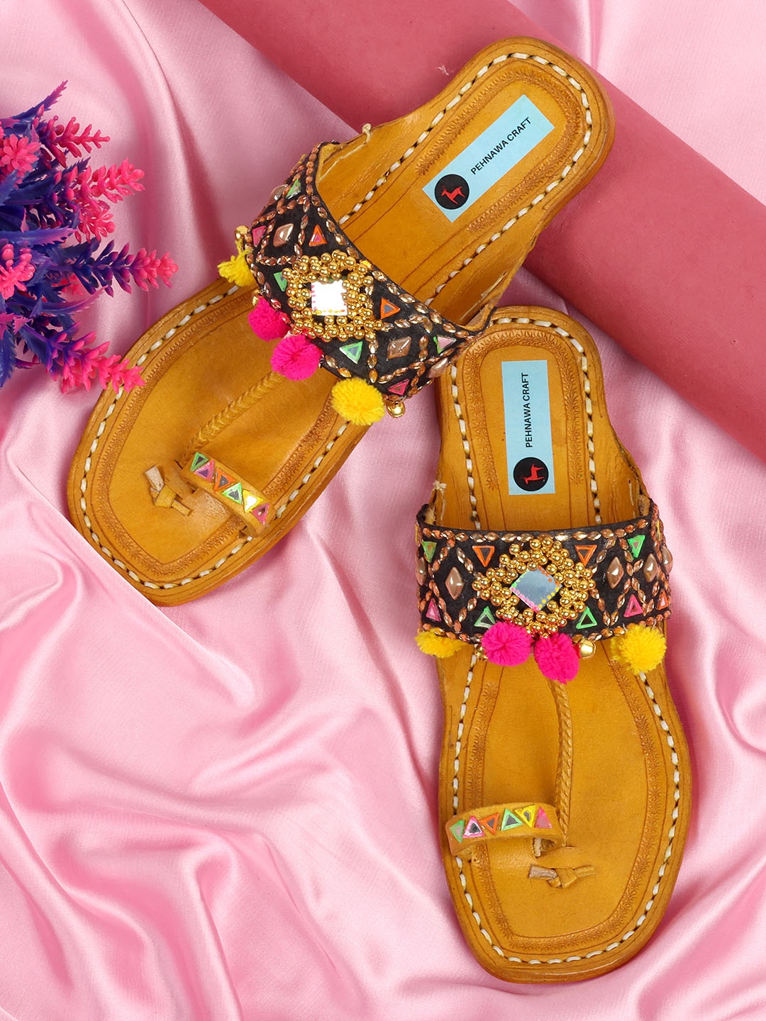 

PehnawaCraft Ethnic Embellished Leather Pompom kolhapuri One Toe Flats, Black