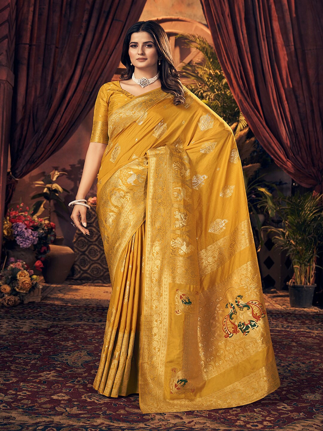 

Kalapushpi Ethnic Motifs Woven Design Zari Banarasi Saree, Mustard