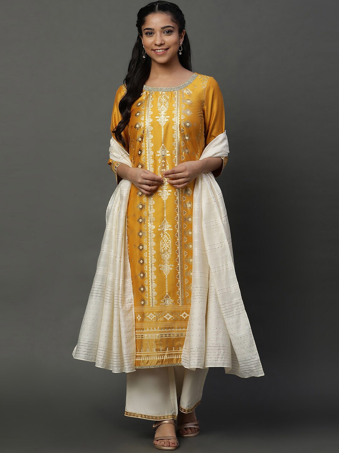 

AURELIA Ethnic Motifs Printed Sequined Kurta With Palazzos & Dupatta, Yellow