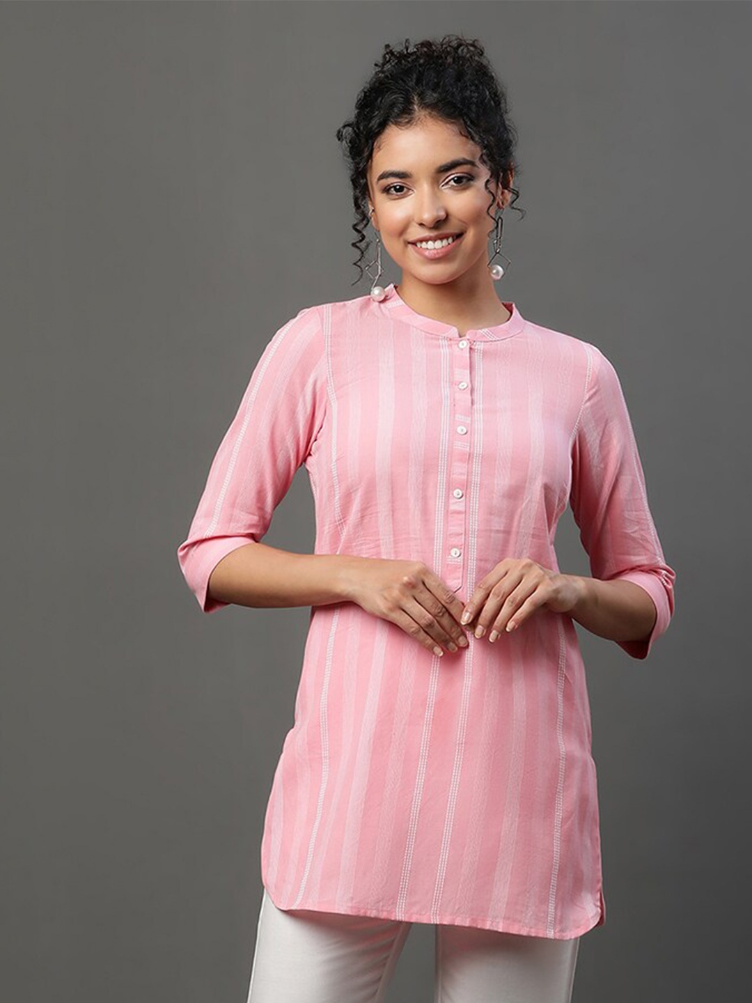 

AURELIA Striped Pure Cotton Kurti, Pink