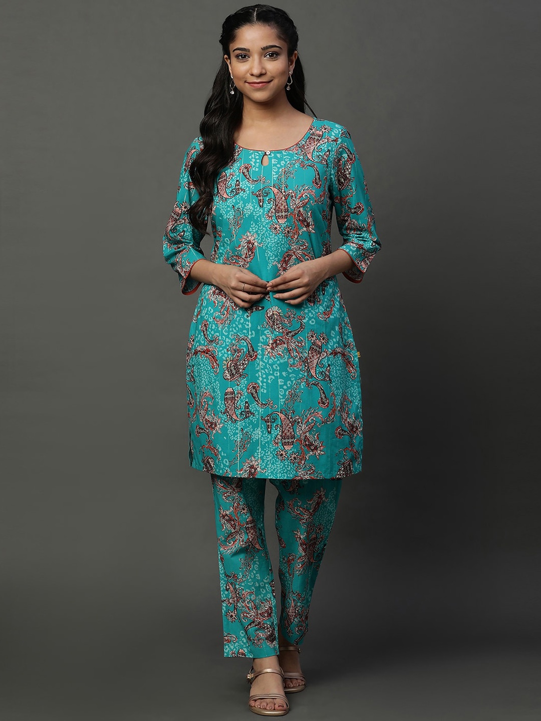 

AURELIA Floral Printed Pure Cotton Kurta With Trousers, Blue