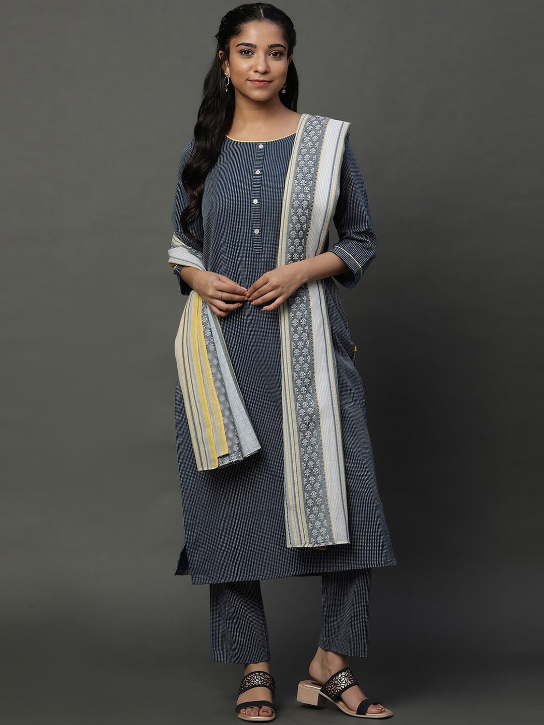

AURELIA Striped Pure Cotton Kurta With Trouser & Dupatta, Navy blue