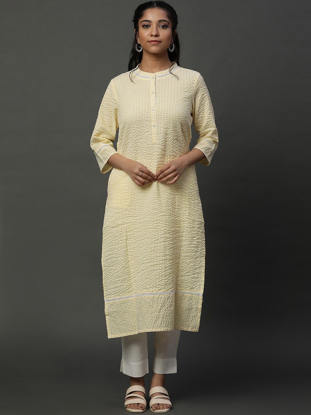 

AURELIA Striped Mandarin Collar Kurta, Yellow