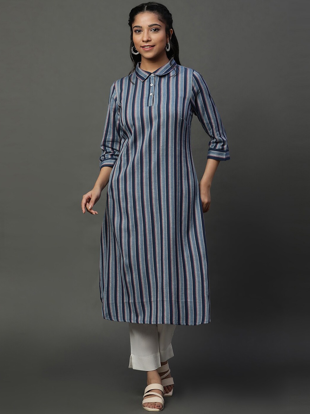 

AURELIA Striped Shirt Collar Straight Kurta, Blue