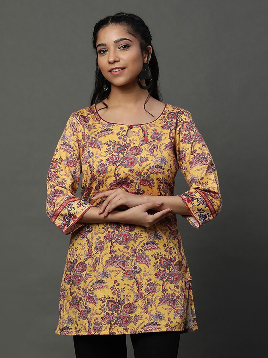 

AURELIA Ethnic Motifs Printed Pure Cotton Kurti, Yellow