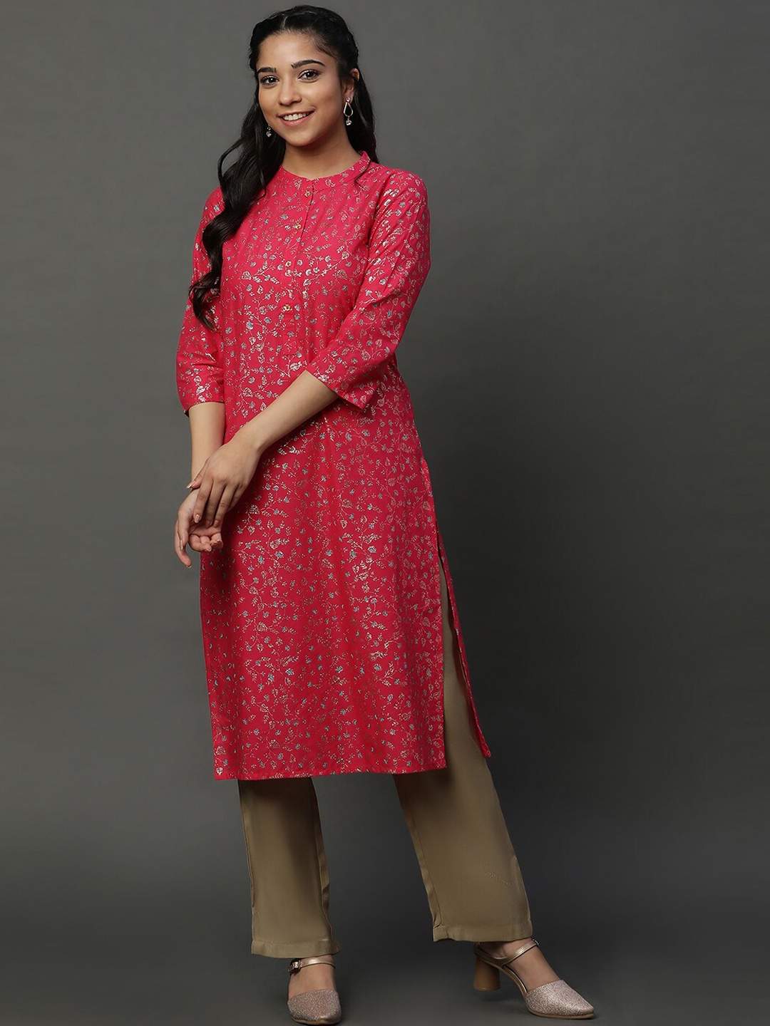 

AURELIA Floral Printed Mandarin Collar Pure Cotton Straight Kurta, Pink