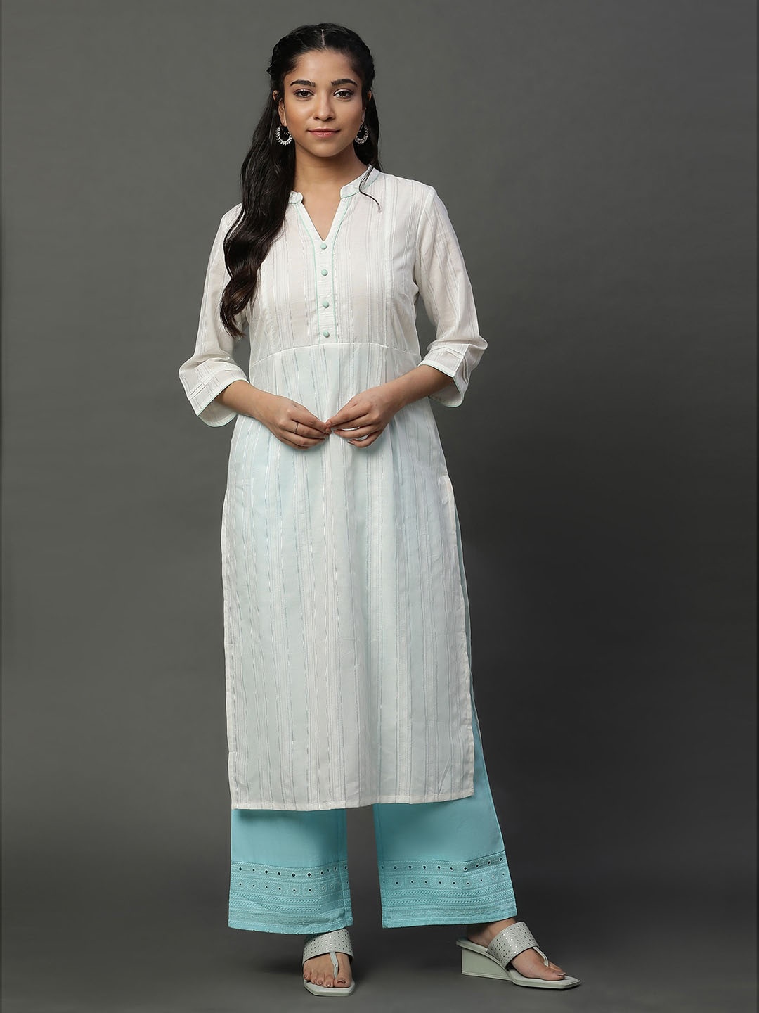 

AURELIA Striped Mandarin Collar A-Line Kurta, White