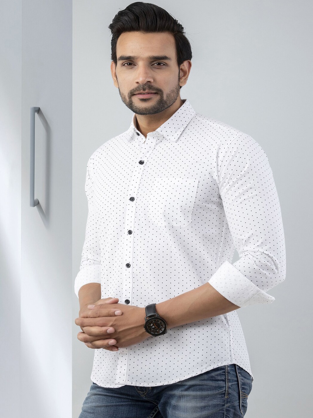

Bought First Premium Polka Dots Printed Long Sleeves Party Shirt, White