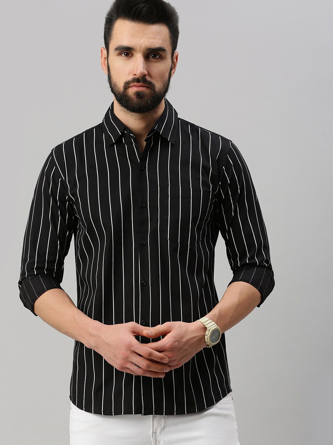

Bought First Premium Vertical Striped Casual Shirt, Black