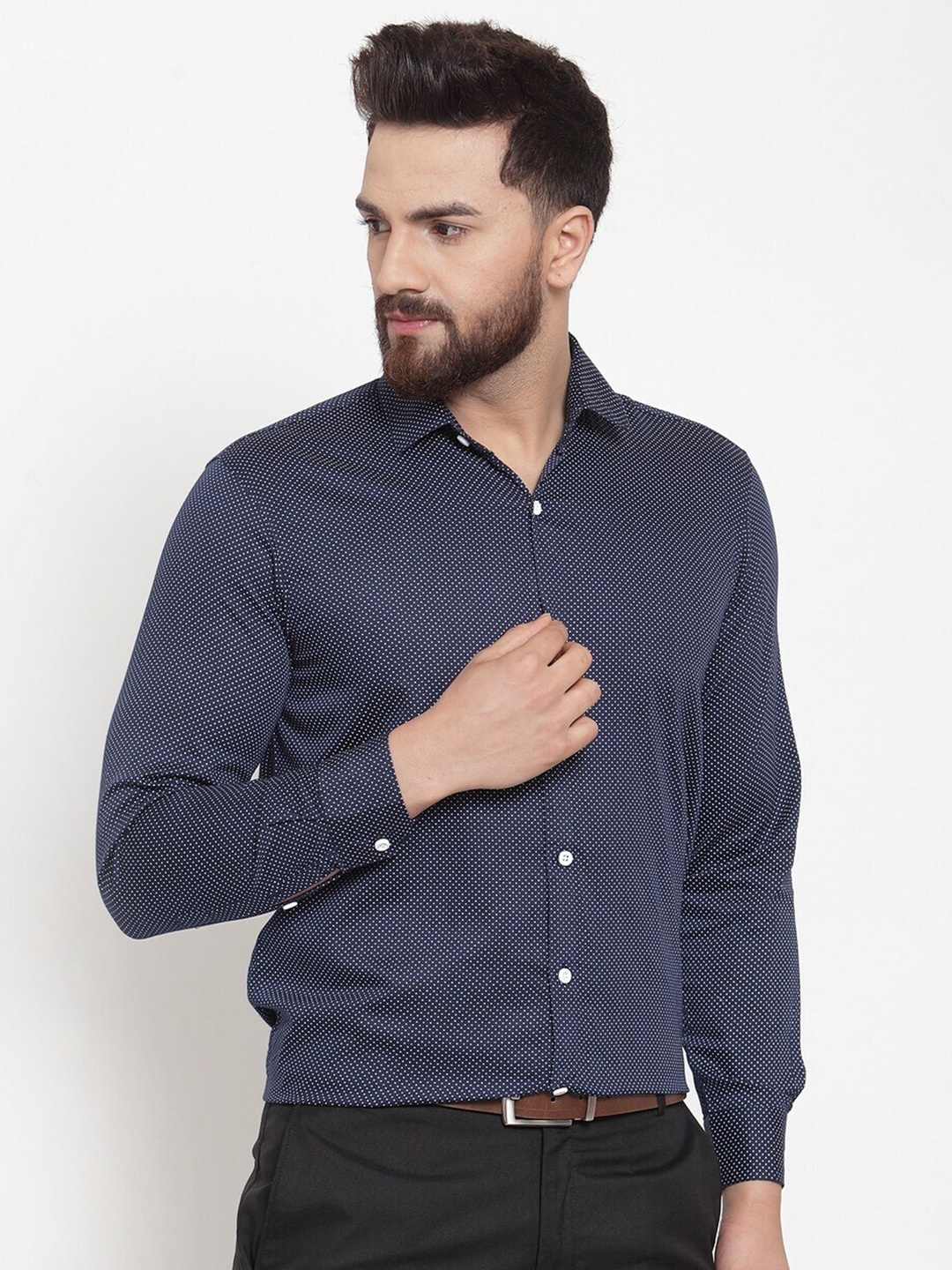 

Bought First Premium Polka Dots Printed Long Sleeves Formal Shirt, Navy blue