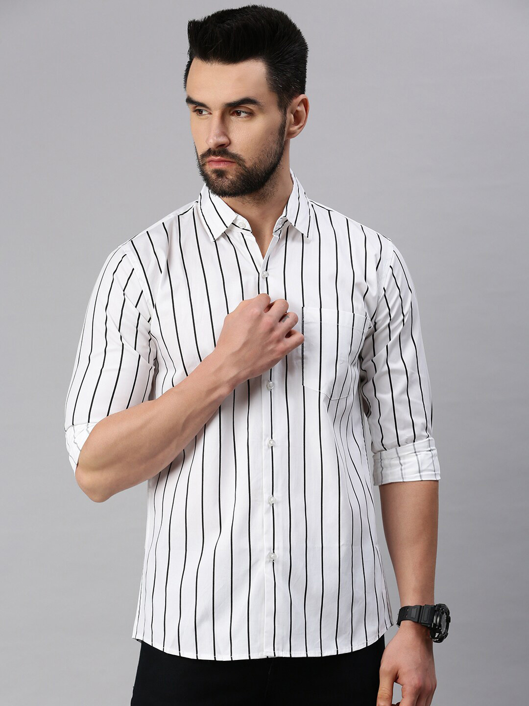 

Bought First Premium Vertical Striped Long Sleeves Party Shirt, White