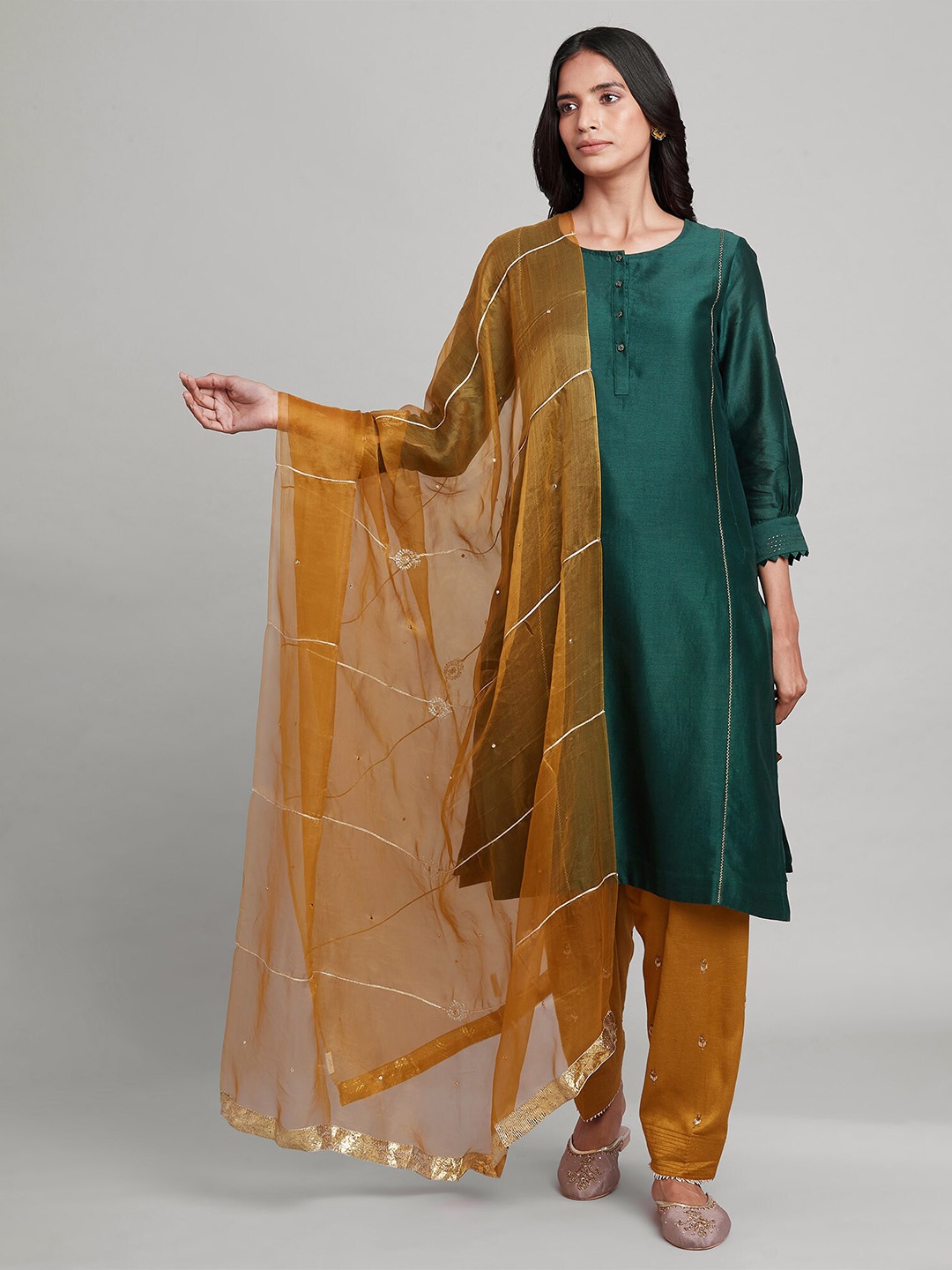 

W Striped Embroidered Silk Dupatta, Yellow