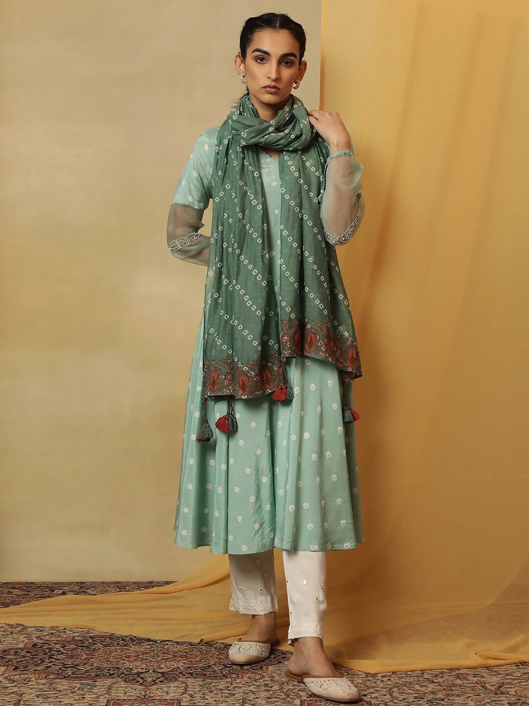 

W Geometric Printed Thread Work Cotton & Silk Dupatta, Green