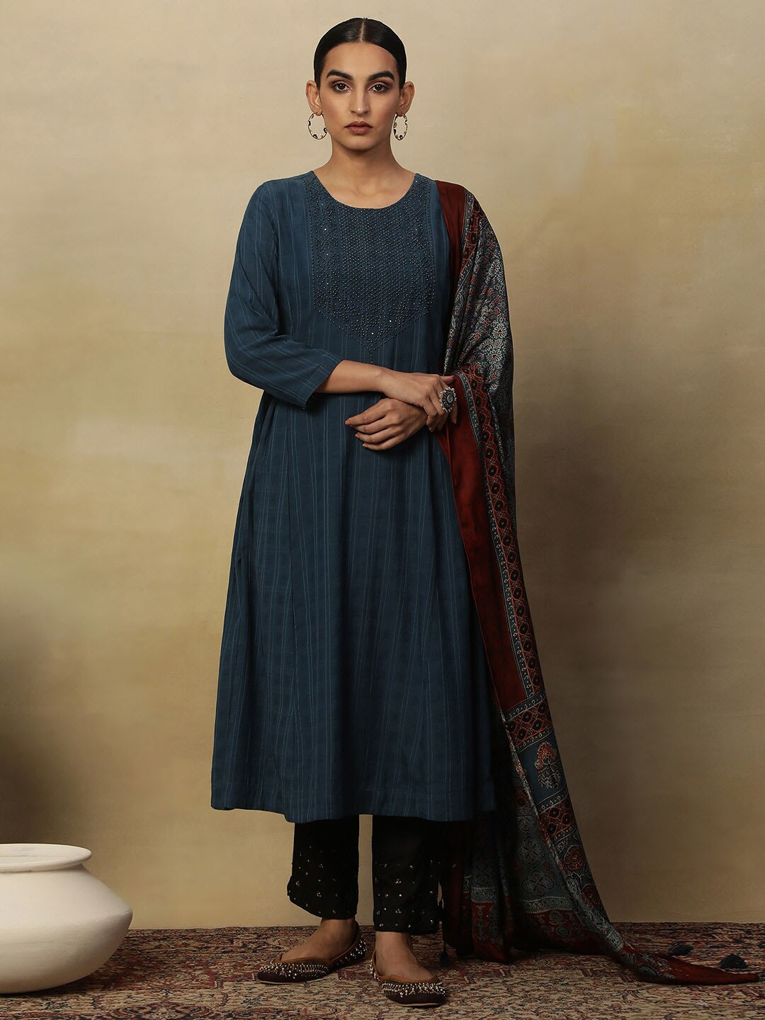 

W Striped Anarkali Kurta, Blue