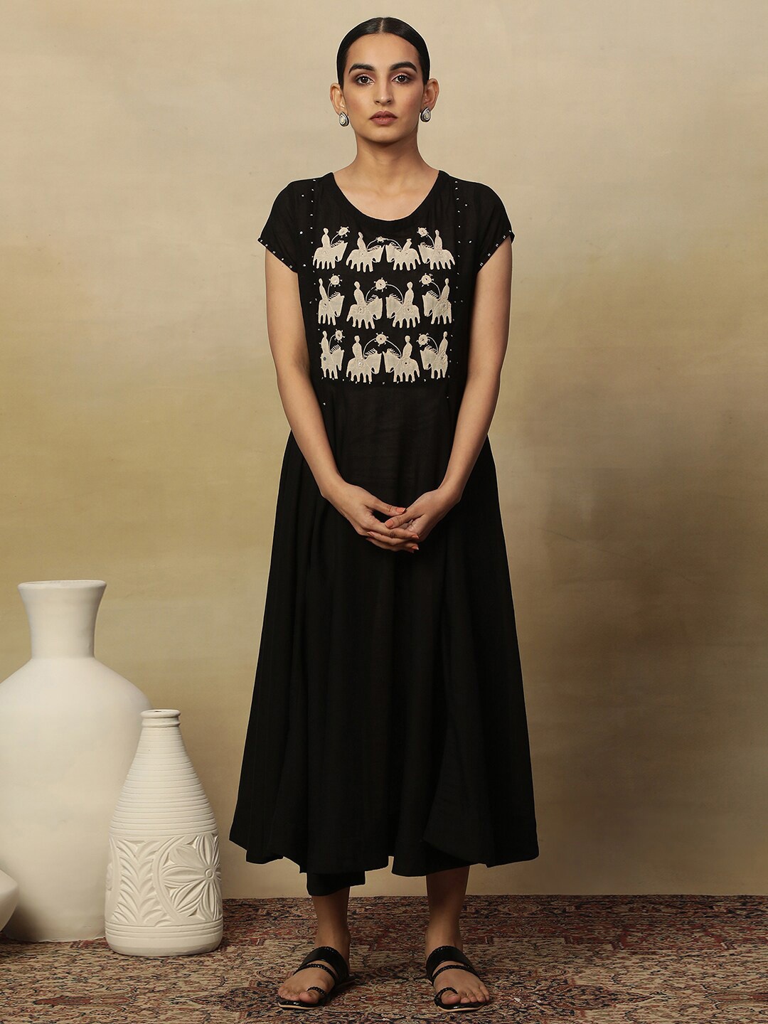 

W Ethnic Motifs Printed Mirror Works Cotton Fit & Flare Midi Dress, Black