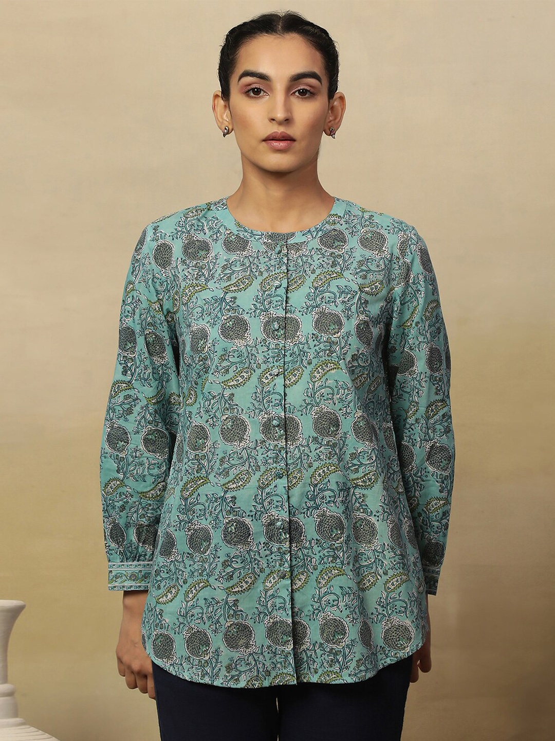

W Blue Floral Printed Mandarin Collar Shirt Style Cotton Top, Green