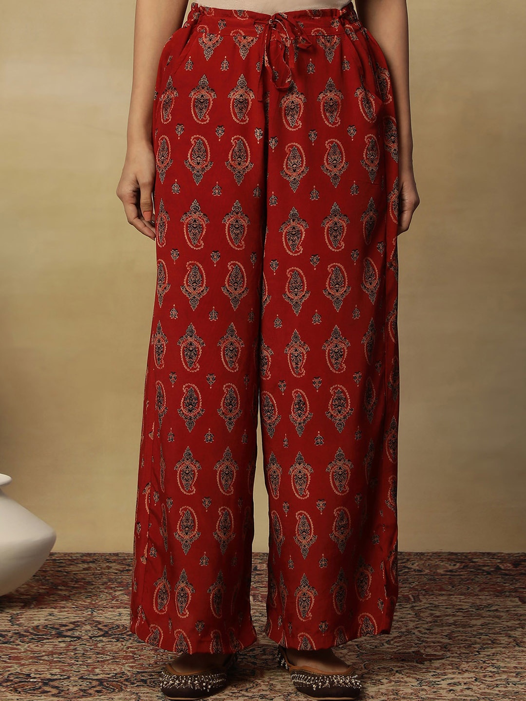 

W Paisley Printed Straight Fit Ethnic Palazzos, Red