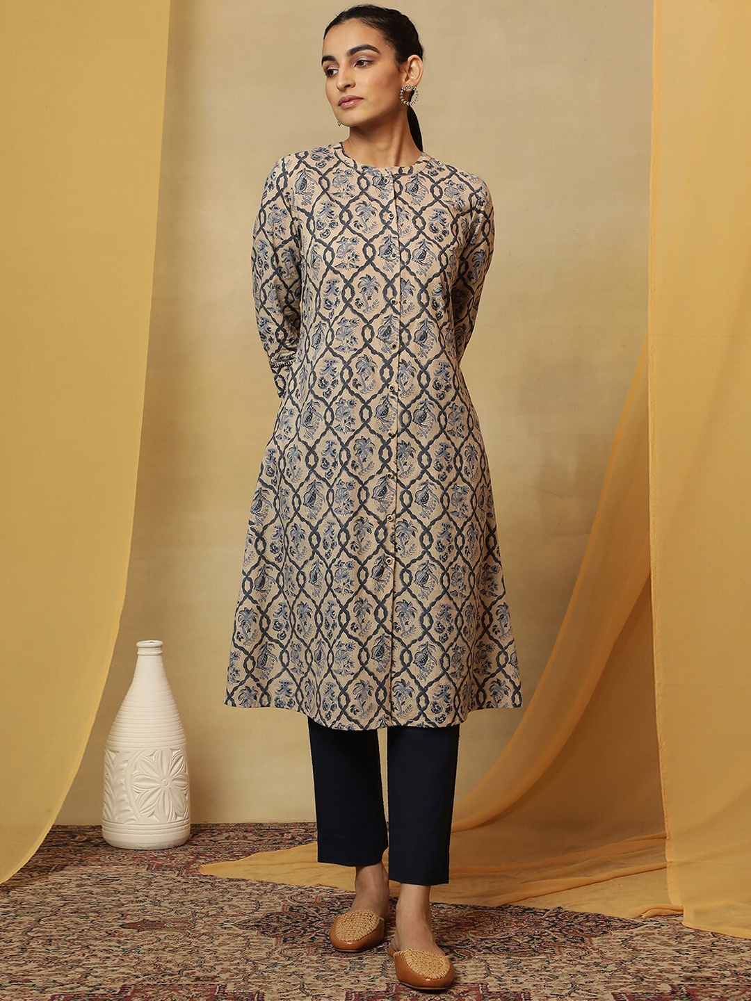 

W Ethnic Motif Printed A-Line Kurta, Beige