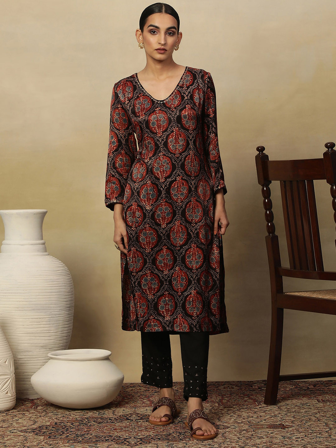 

W Ethnic Motifs Printed Sequinned Straight Kurta, Brown