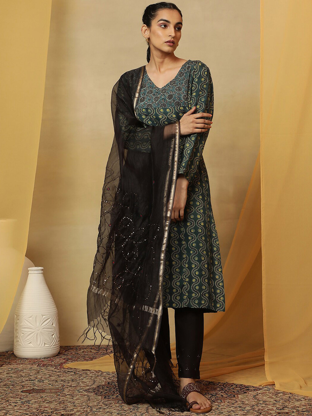 

W Ethnic Motif Printed Straight Kurta, Teal